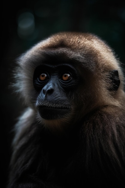 A monkey with a black face is sitting in the dark.