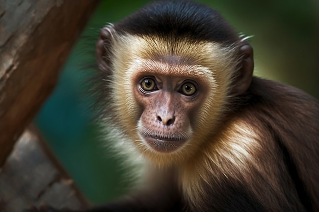 A monkey with a black face sits on a tree branch.