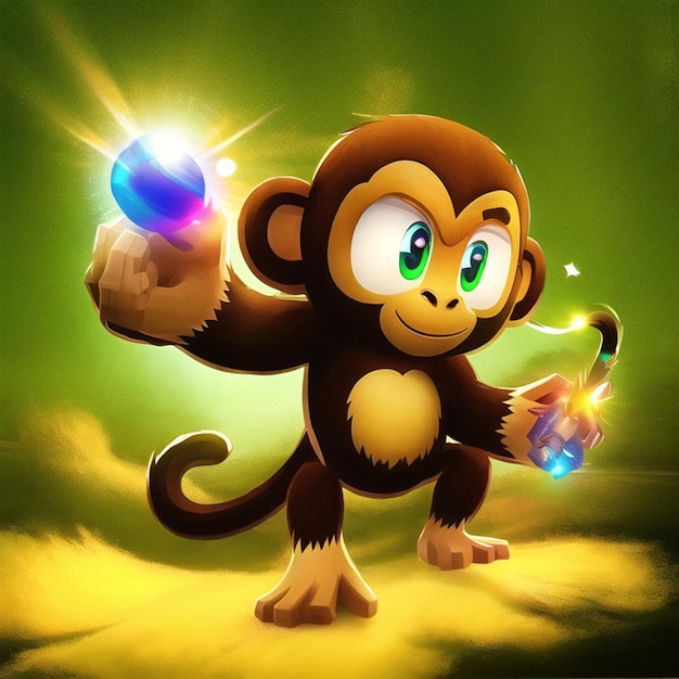 A monkey with a blue ball in his hand