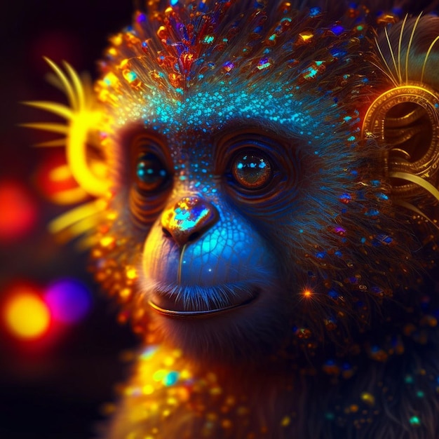 A monkey with a blue face and yellow eyes is shown.