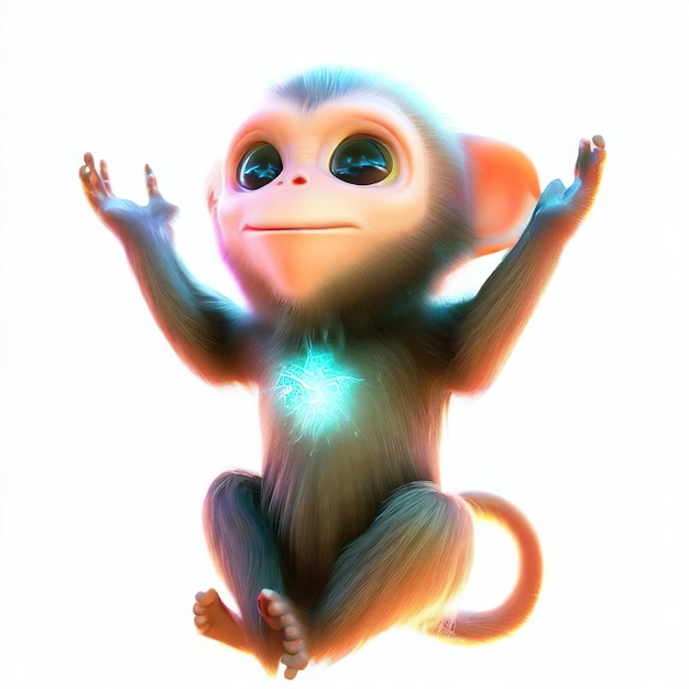 A monkey with a blue light on his chest is looking up.