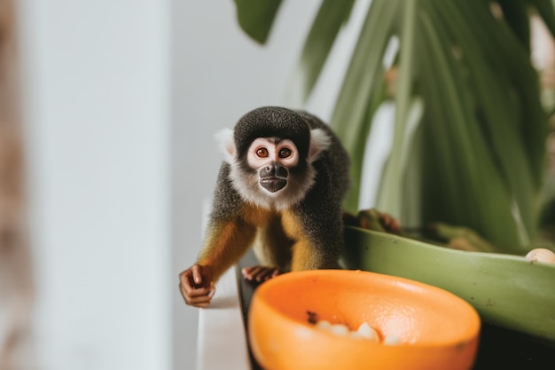 A monkey with a bowl of food in it