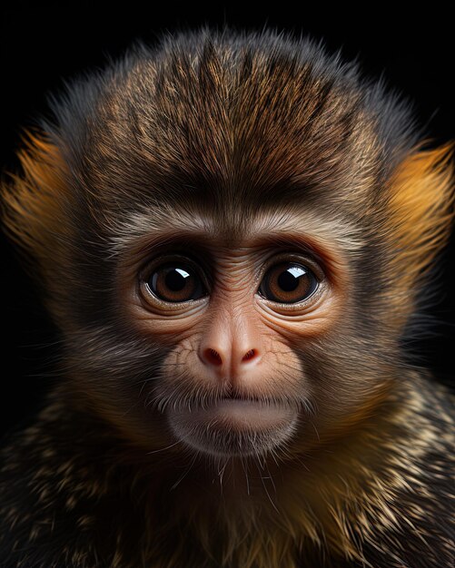 a monkey with a brown face and a black background