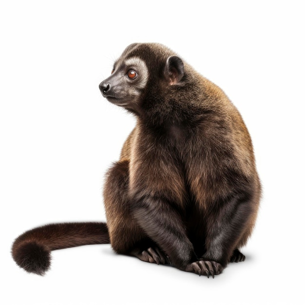 A monkey with a brown face and a black eye sits on a white background.