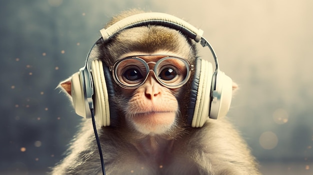 A monkey with a cap and headphones on