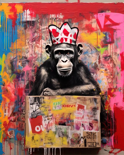 Photo a monkey with a crown on his head is painted on a wall