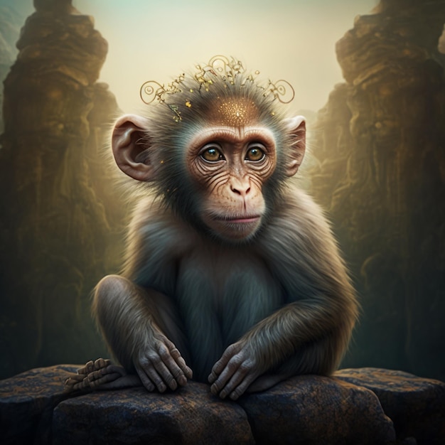 A monkey with a crown on its head sits on a rock.