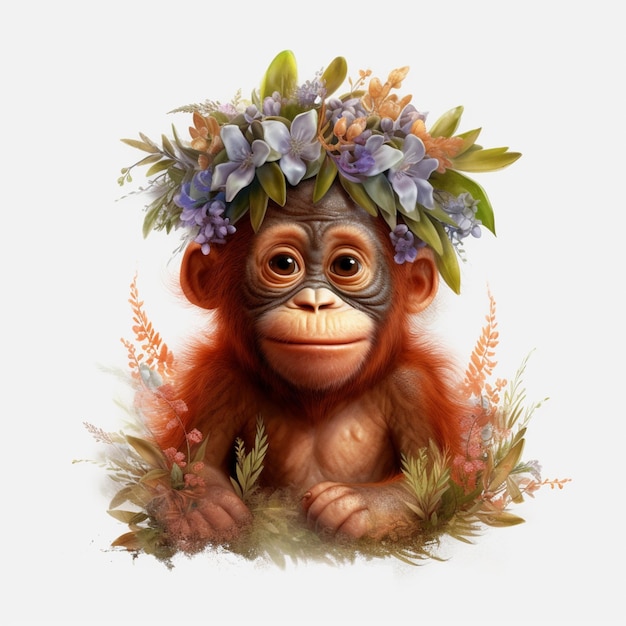 A monkey with a flower crown on his head is shown.