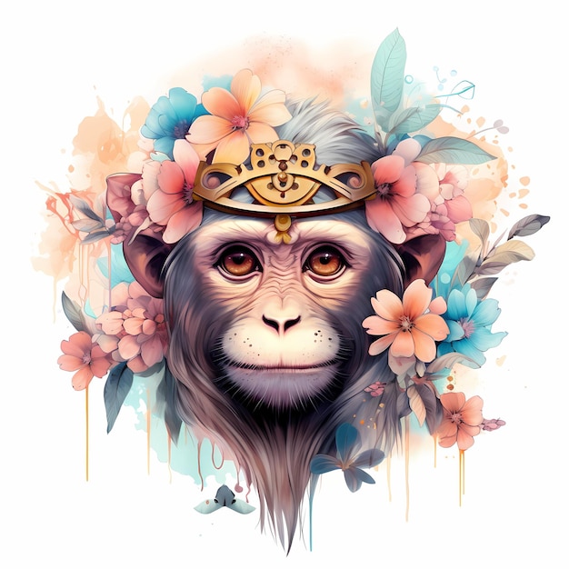 a monkey with flowers on his head is shown with a picture of a monkey
