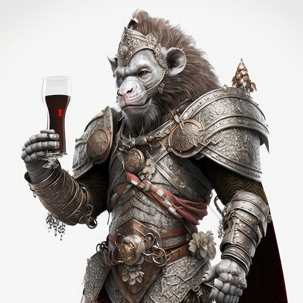 A monkey with a glass of red wine in his hand.