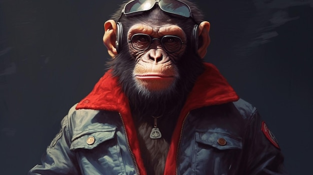 A monkey with glasses and a jacket that says plan