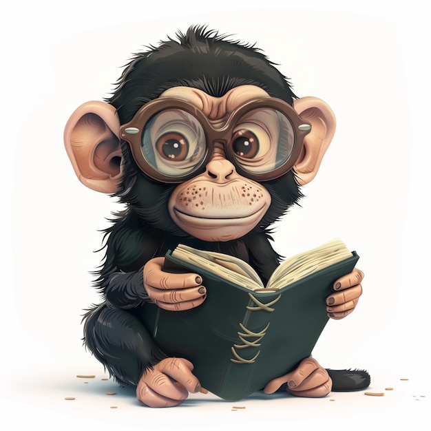 Photo a monkey with glasses reading a book with the letter r on it