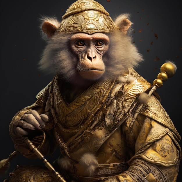 A monkey with a golden crown and a gold helmet