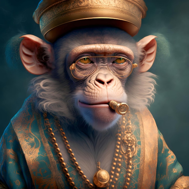 A monkey with a golden ring and a gold necklace