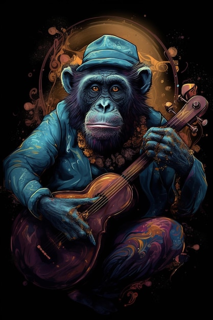 A monkey with a guitar on his head