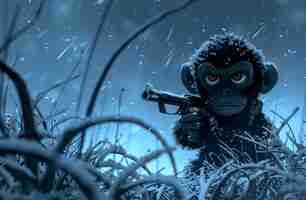 Photo monkey with a gun in the forest
