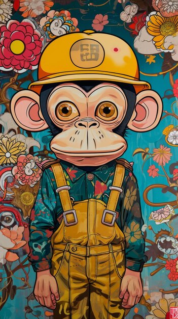 Обезьяна в каске рисует портрет примата в кепке