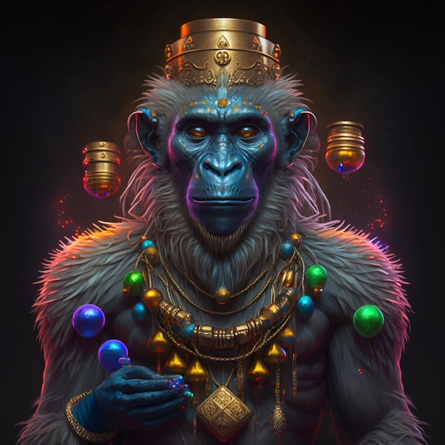 A monkey with a hat and beads on his head