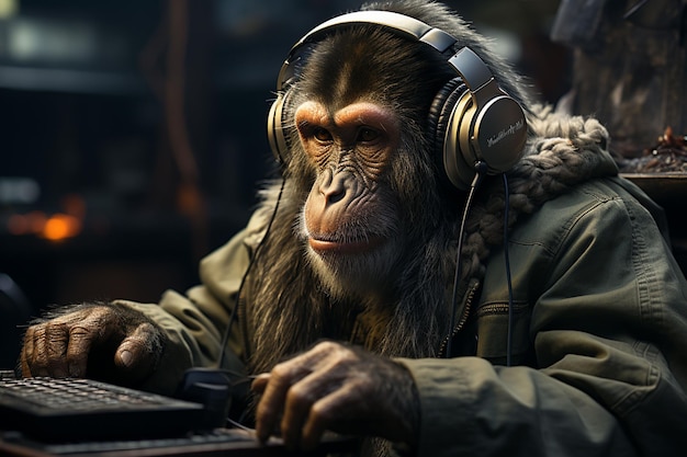 Photo monkey with headphone and tablet