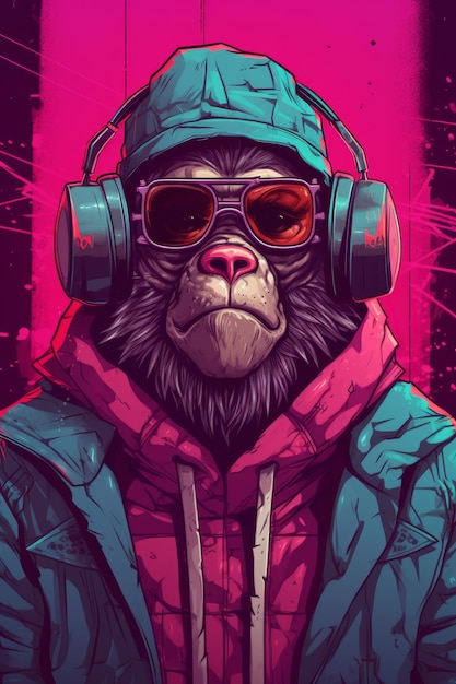 Monkey with headphones and a hoodie