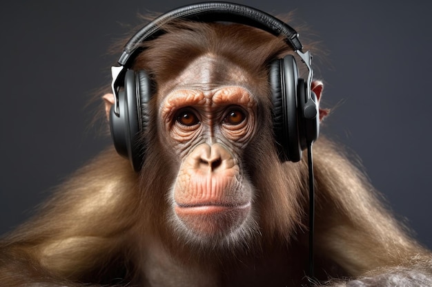 Monkey with headphones imitating famous musicians poses created with generative ai