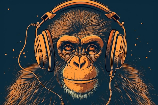 Monkey with headphones listening to music