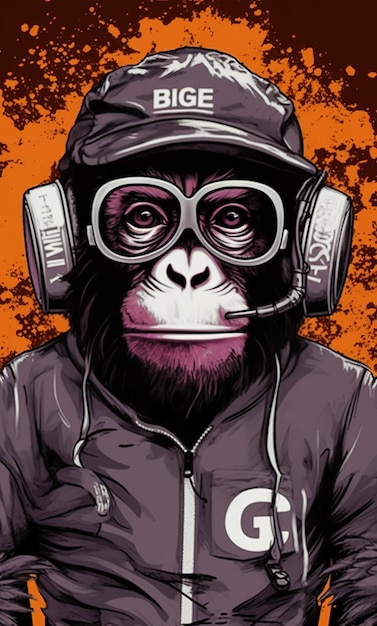A monkey with headphones and a microphone wearing a hat that says'w'on it