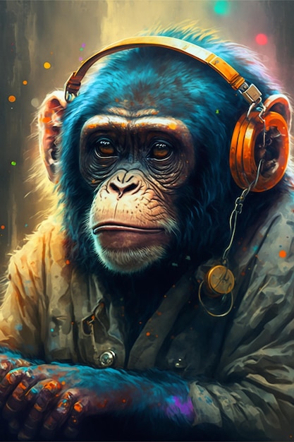 A monkey with headphones on and a shirt that says'monkey '