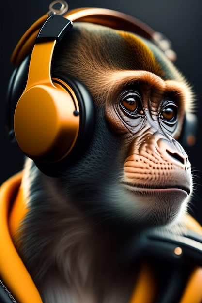 Monkey with headphones on and a yellow jacket