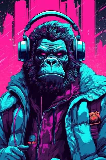 A monkey with headphones on