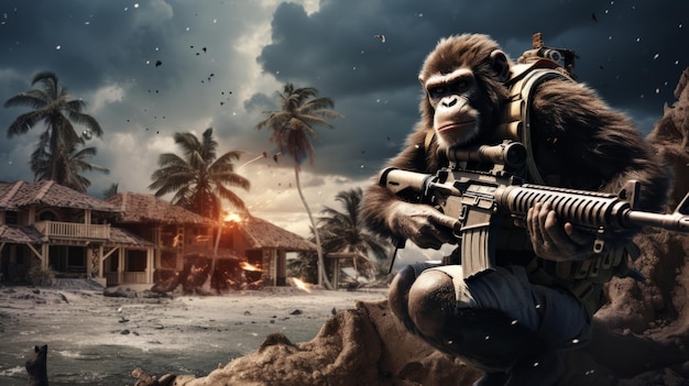 Monkey with a machine gun in military clothes The concept of senseless aggression and destruction