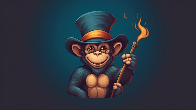 파란색 배경에 마술사의 모자와 지팡이가 있는 원숭이 만화 캐릭터 만화 그림 Generative Ai