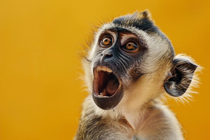 Photo a monkey with a mouth open and the word monkey on the right