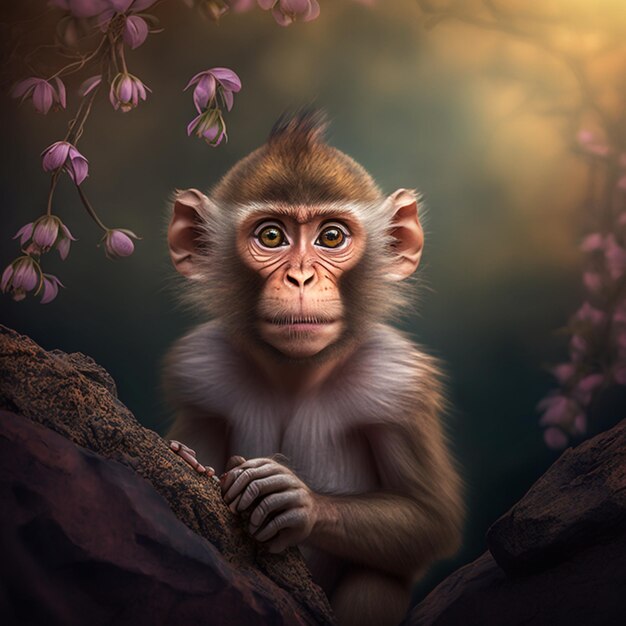 A monkey with a pink flower in the background