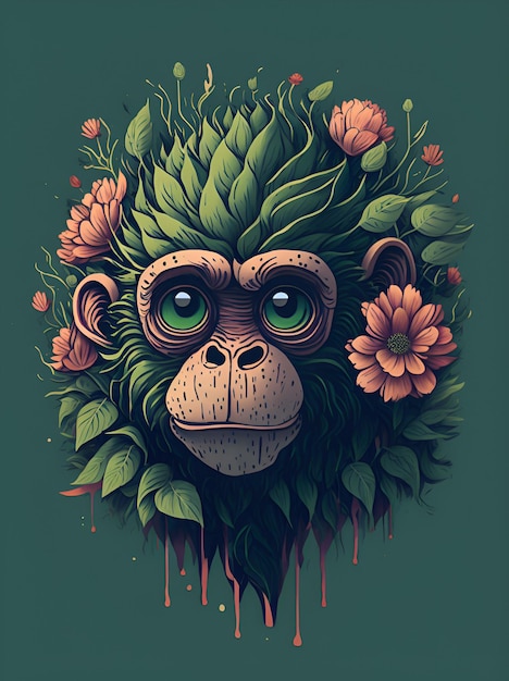 그의 머리에 식물을 가진 원숭이