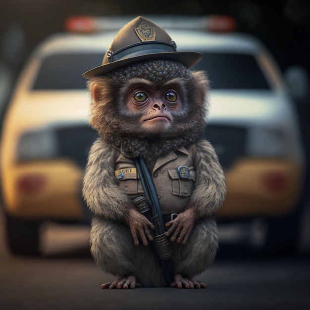 Photo a monkey with a police badge is standing in front of a car.