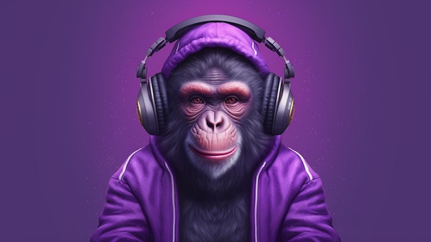 A monkey with a purple hoodie and headphones