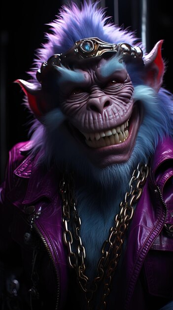 a monkey with a purple shirt and a gold chain around his neck.