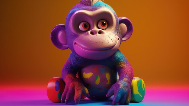 A monkey with a rainbow colored face sits on a blue surface.