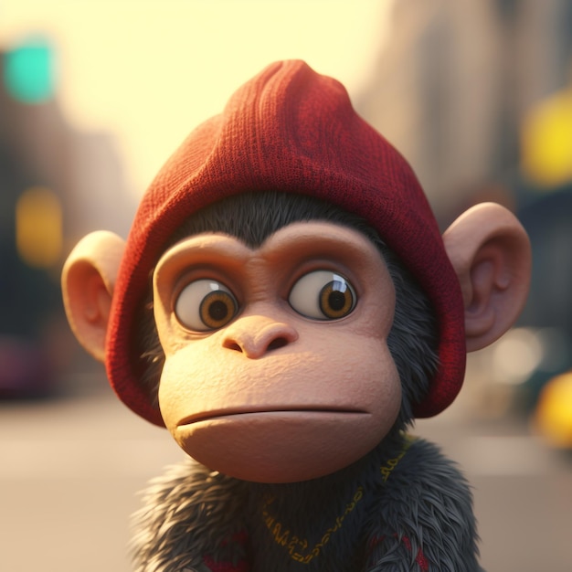 A monkey with a red hat and a hat is sitting on the street.