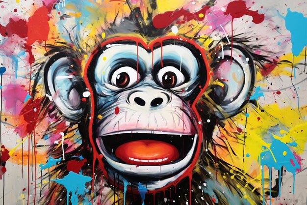 a monkey with a red mouth is painted on a wall