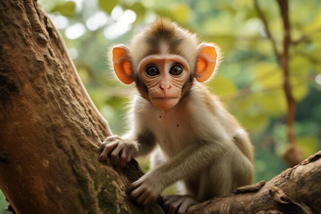 Photo a monkey with a sad face sits in a tree