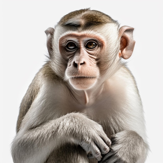 A monkey with a sad look sits on a white background.