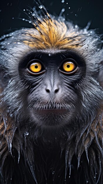 a monkey with yellow eyes and a black and orange face is shown