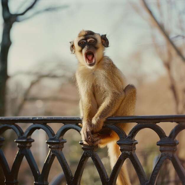 Photo monkey yawning on banister outdoors