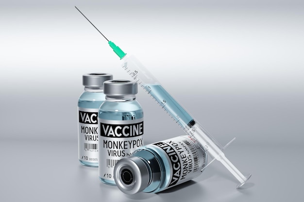 Foto illustrazione 3d delle fiale e della siringa del vaccino monkeypox