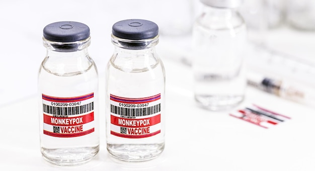 Monkeypox vaccine ampoules or vial epidemic vaccination copy space