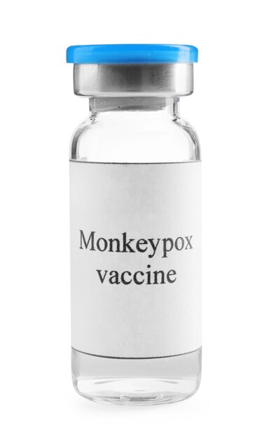 Monkeypox vaccine in vial isolated on white