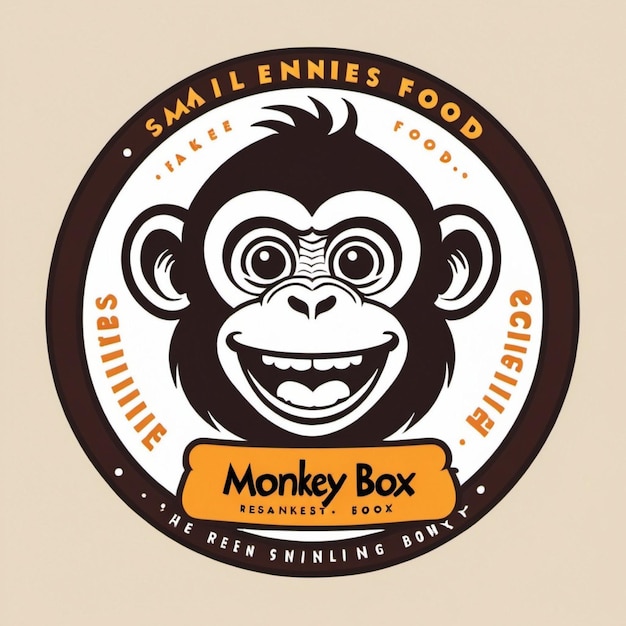 Photo a monkeys face is on a round circle with a label that says monkeys food