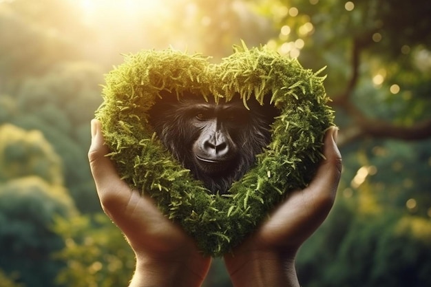 Photo a monkeys hands holding a heart with the sun behind them